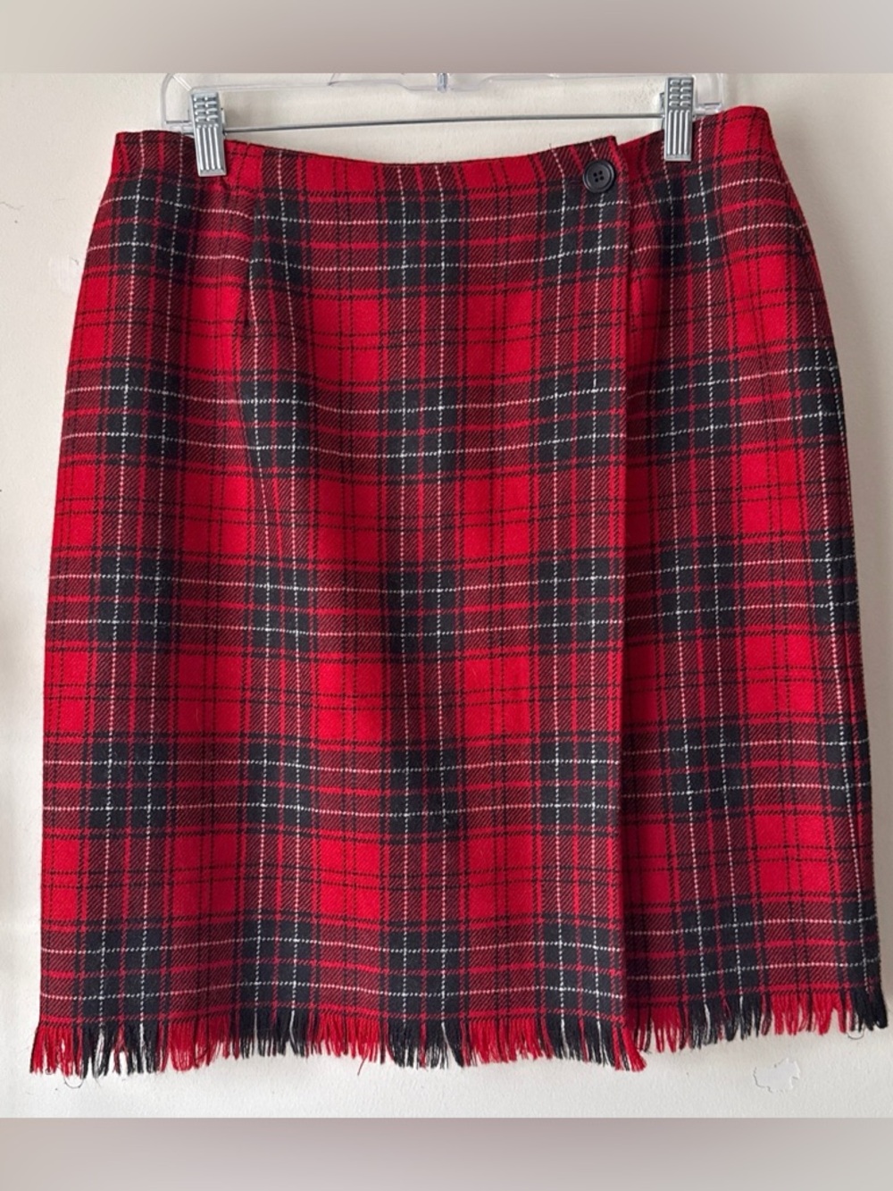 Rafaella Vintage 90s Red Tartan Plaid Worsted Wool Fringe Hem Wrap Skirt Size 16 - Picture 2 of 16